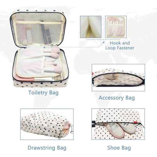 U+U 10 Set Compression Packing Cubes - Travel Organizers with Laundry Bag, Space-Saving Suitcase Organizer, Expandable Packing Organizers for Travel Essentials (Polka Dot)