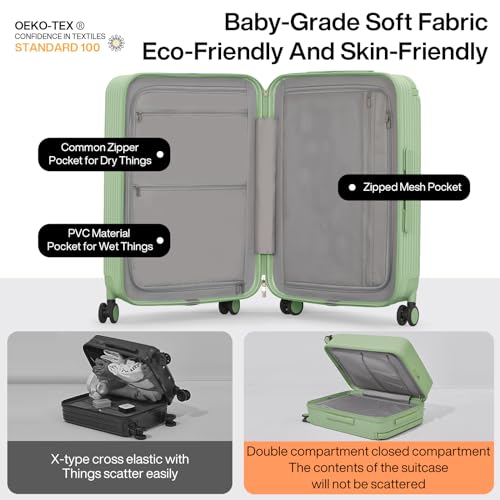 mixi Carry On Luggage Airline Approved Wide Handle Lightweight Luggage PC Hard Shell Suitcases Rolling Suitcases with Spinner Wheels & TSA Lock, 20 Inch Avocado Green