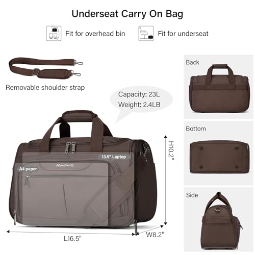 Hanke Small Travel Duffel Bag, Under Seat Carry On Personal Item Bag with 11 Pockets, Lightweight Water Resistant Foldable Weekender Bag with Trolley Sleeve for Travel Gym Daily Use（Coffee）