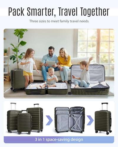LIGHT FLIGHT Luggage Sets, 3 Piece Durable Suitcase Set with Spinner Wheels, 3 Pcs Hardside Lightweight luggage with TSA Lock, Large Checked Travel Suitcases, 20/24/28 Inch, Pine Green