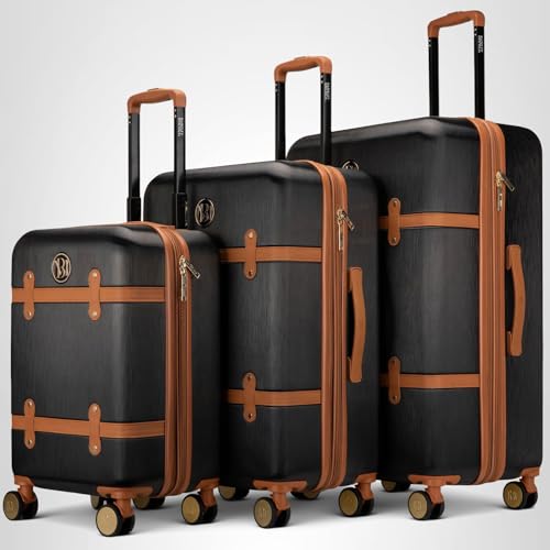 Badgley Mischka Grace 3 Piece Polycarbonate-ABS Expandable Retro Luggage Set (Black)