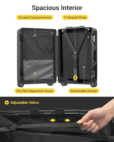 LEVEL8 20/24 Inch Zipperless 2 Piece Luggage Sets with Aluminum Frame, Lightweight Hard Shell Suitcases with Spinner Wheels, Metal Travel Luggages with Double TSA Locks, Black