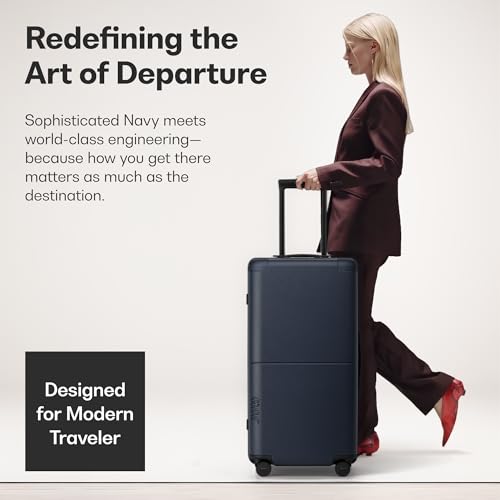 July Checked 80/20 with CaseSafe - 28.8" Built in Tracking, Airline Approved Check In Luggage with Wheels, Spinner Suitcase for Men & Women - Rolling Suitcase, Spinner Wheels, Y-Strap - Navy