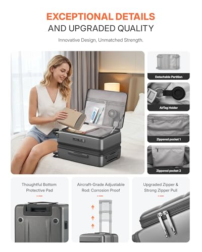 ISLAND ELEPHANT Expandable 20Inch Carry On Luggage Airline Approved - Top Opening Hardside Travel Suitcase Unbreakable -with Cup Holder,USB Charge,Side Pothook, 360°Spinner Wheels, TSA Lock-Grey