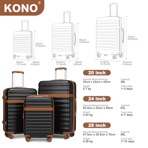 Kono Medium Sized Checked Luggage, 24 Inch Expandable with Spinner Wheels, TSA Lock, ABS + PC Lightweight Travel Suitcase with Larger Capacity and Lighter Weight, Black Brown
