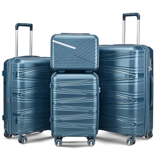 TRAVELEO 4 Piece Luggage Set PP Hardshell, Expandable Suitcase Set (20/24/28) with 14" Cosmetic Case, Lightweight Spinner Wheels with TSA Lock, Detachable Wheels for Nesting Storage (Peacock Blue)