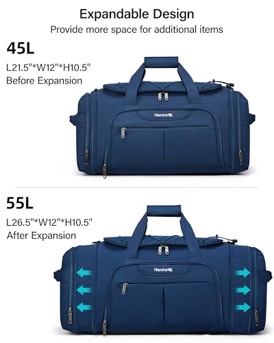 Hanke Expandable Carry On Luggage Bag,3 in 1 Duffle Bag for Travel,45L-55L Weekender Overnight Bag with 15.6" Compartment for Women & Men (Blue)