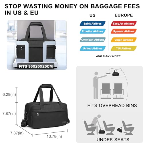 Kono Travel Duffel 20L Under Seat Carry-On Sports Tote Gym Weekender Overnight Bag - 15.75"x9.84"x7.87" Black