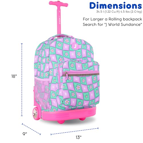 J World Sunrise Kids Rolling Backpack with Wheels for Girls Boys, Roller Bookbag for School, 18 x 13 x 9 Inches, Puffy Flower