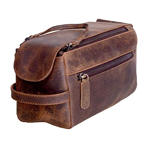 KomalC Premium Buffalo Leather Toiletry Bag for Men & Women – Leather Shaving Kit With Water resistant Lining, Premium Toiletry Travel Pouch, Unisex Wash Bag for Toiletries, Gifts for Men and Women