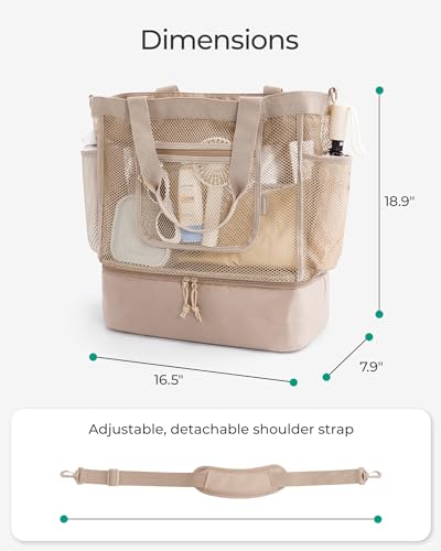 BAGSMART Beach Bag for Women, Mesh Tote Bags with Zipper, Sandproof Vacation Essentials with Cooler for Swim Cruise Pool, Green