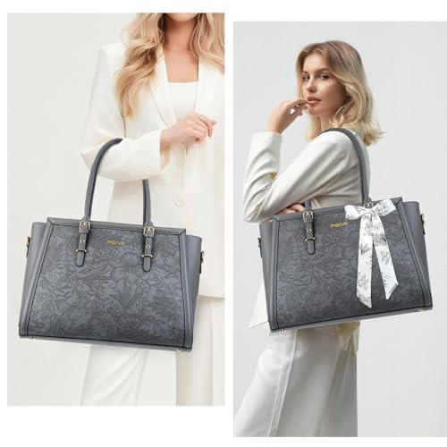 MOSISO Laptop Bag for Women, 15.6-16 inch PU Leather Tote Bag Compatible with MacBook, HP, Dell, Asus Notebook, Front Embossed Retro Hibiscus Computer Bags with Silk Scarf&Clutch Purse, Gray