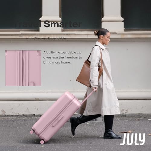 July Checked Expandable - 24.5" Airline Approved Check In Luggage with Wheels, Spinner Suitcase for Men & Women - TSA Lock Rolling Suitcase, Spinner Wheels, Expansion Zip, Y-Strap - Blush Pink