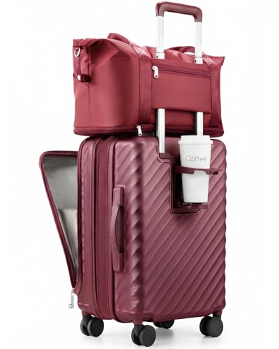 Carry On Luggage with Front Compartment and Cup Holder, KVF Expandable PC Hard Shell Suitcase with Front Pocket (FX-Plus, Ruby Red, 2-Piece (20/Tote))