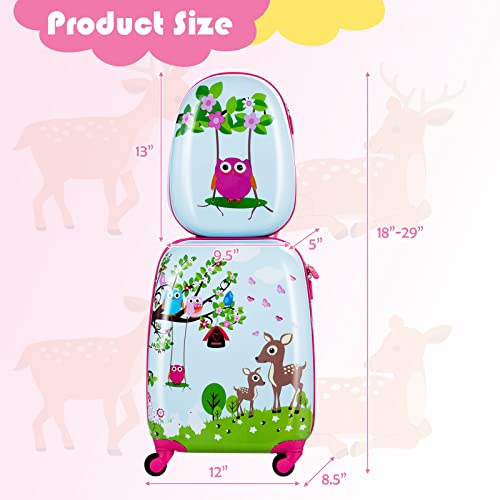 BABY JOY 2 PC Kids Luggage, 16" Toddlers Carry-on Suitcase & 12” Backpack Set, Children Travelling Case w/ 4 Casters & Retractable Handle, Lightweight Trolley Case for Boys & Girls (Deer)
