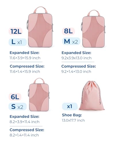 BAGSMART Compression Packing Cubes for Travel, Compressible Luggage Organizer for Cruise Ship, Lightweight Travel Essentials 6-Pack 1L+2M+2S+1Shoe Bag, Pink