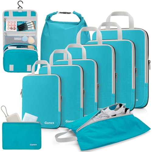 Gonex 10 Set Compression Packing Cubes, Expandable Storage Travel Bags for Suitcase, Luggage Organizers with Hanging Toiletry Bag Laundry Bag Shoe Bag Accessories Bag (Blue)