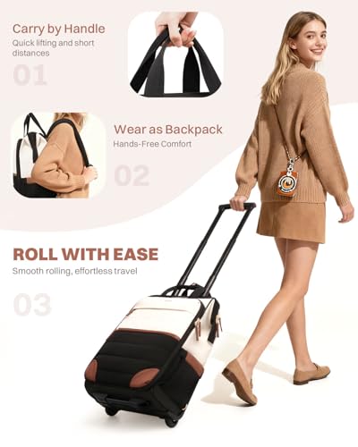 Rolling Puffer Backpack for Women, Travel Backpack with Wheels, 16 Inch Wheeled Laptop Backpck, Dual-Opening Design Overnight College Underseat Carry on Luggage, Roller Business Work Bag, Beige Brown