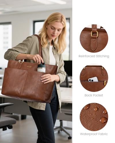 LOVEVOOK Work Tote Bags for Women, Vintage Leather 15.6 Inch Laptop Bag with Large Cup Holder, Teacher Nurse Medical Professional Computer Bag, Office Briefcase Handbag Gift