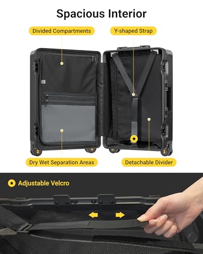 LEVEL8 Zipperless Checked Luggage with Aluminum Frame, Upgraded Medium Hardside Suitcase with Spinner Wheels, Metal Travel Luggage with Double Tsa Locks, 24 Inch, Black