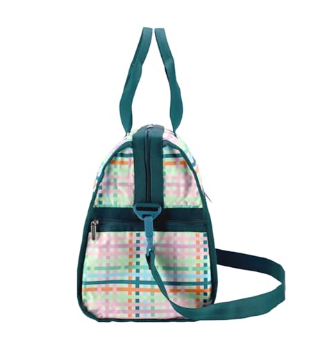 LeSportsac Mason Madras Deluxe Large Weekender Crossbody Bag, Style 4319/Color E875, Festive Tropical Hues, Modern & Fun Interpretative Plaid Design, Lively Weave Design, Chevron Background