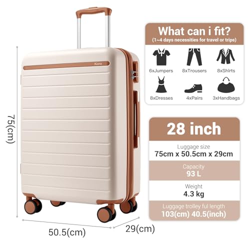 Kono 28 Inch Large Suitcase, Expandable for Long Trips, Impact-Resistant ABS+PC & Silent Wheels, White