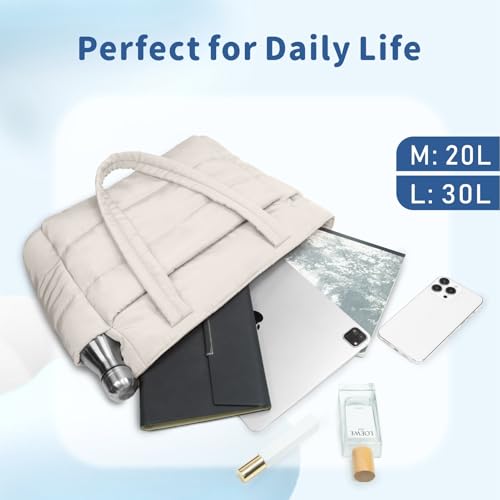 TOPDesign Puffer Tote Bag for Women, Lightweight Puffy Handbag with Compartments & Cosmetic Bag, Quilted Shoulder Bags for Work, Travel, Gym, Gifting (M Light White)