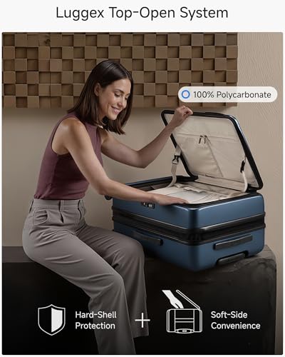 LUGGEX Checked Luggage Top Opening, FLT Expandable Polycarbonate Hard Shell Suitcase with Wheels (FX-Core, Blue, 24 Inch, 63L-70L)