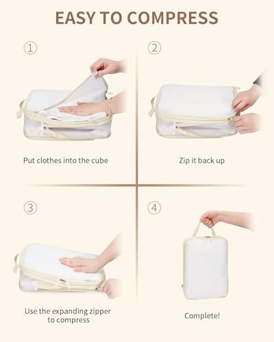 ECOHUB 6 Set Compression Packing Cubes, Lightweight Beach Vacation Travel Essentials Durable Travel Accessories for Suitcase Carry On Luggage Organizer Bags with YKK Zippers Shoe Bag, Beige