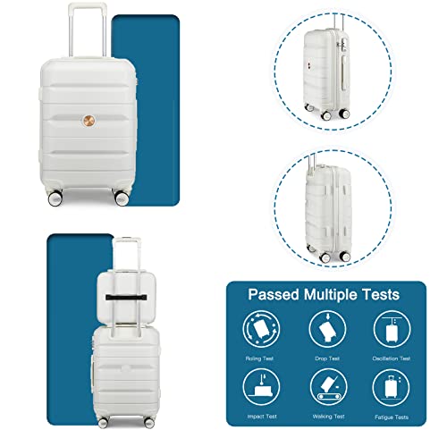 Somago 20" Carry On Luggage and 14" Mini Cosmetic Cases Travel Set Lightweight Polypropylene Suitcase with TSA Lock YKK Zipper Hardside Luggage with Spinner Wheels (2 Piece Set, Creamy White)