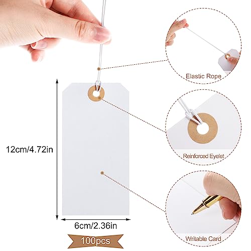 100pcs Large Price Tags with String Attached White Hang Paper Tags with Elastic String Reinforced Hole Writable Mother's Day Tag Inventory Tag 4.76''×2.36''