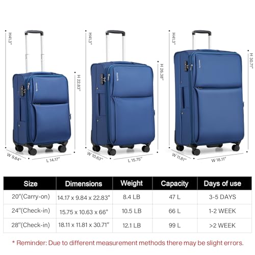 Hanke Softside Expandable 20 Inch Carry On Luggage with Wheels Airline Approved, TSA Luggage Lightweight Rolling Suitcases for Travel Carry On Bag(Blue)