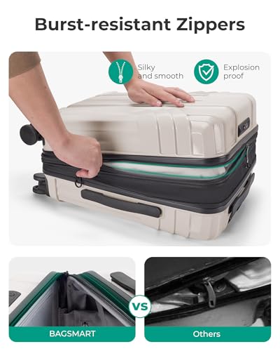 BAGSMART Expandable Carry On Luggage 22x14x9 Airline Approved, 1OO% PC Lightweight Hard Shell Suitcase, 20 Inch Travel Luggage with Spinner Wheels, Waterproof Rolling Suitcase, Biege