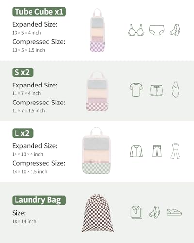 Narwey 6 Set Compression Packing Cubes for Travel Women Men, Travel Cubes for Carry On Suitcase, Durable Compression Luggage Organizer Bags (Combined Checkerboard)