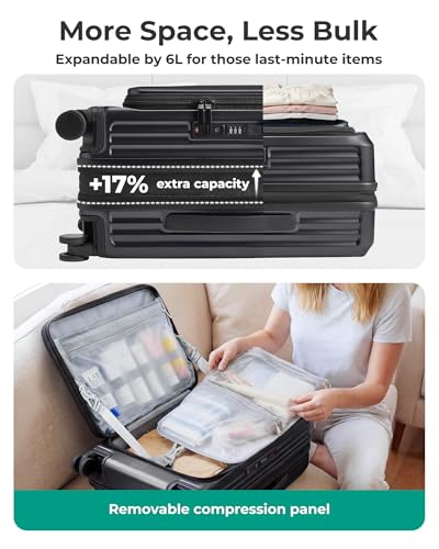 BAGSMART Top Opening Carry On Luggage 22x14x9 Airline Approved with TSA Lock, Expandable 20 Inch Deep Compartment Hard Shell Suitcases with Double Spinner Wheels, Black