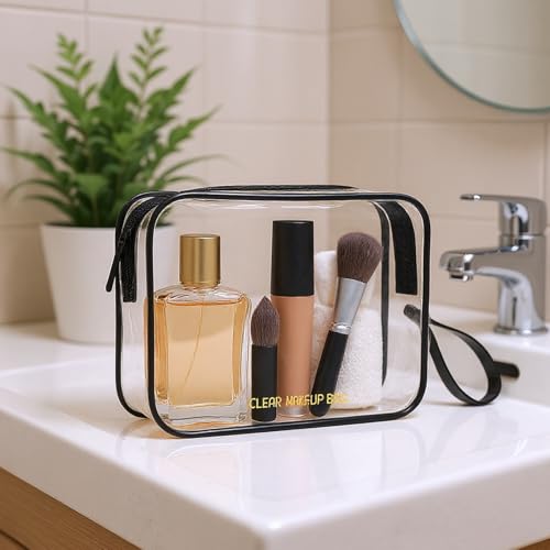 Icramsy Clear Makeup Bag,2 Pack TSA Approved Toiletry Bag Travel Toiletry Bag Hanging Makeup Cosmetic bag for Women Men (Black).