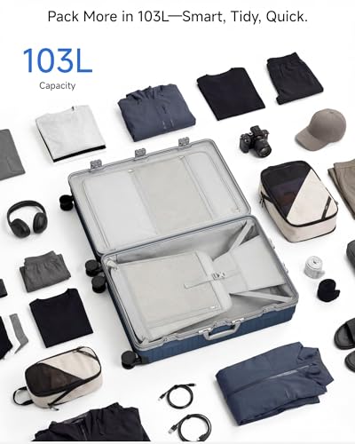 LUGGEX Checked Suitcase with Spinner Wheels, 8010S Aluminum Frame Zipperless Polycarbonate Hard Shell Suitcase (ZX-Core, Silver, 28 Inch)