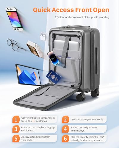 ISLAND ELEPHANT 20IN Carry On Luggage Airline Approved - Expandable Hardside Suitcase with 16" Laptop Compartment, Cup Holder, Phone Mount, USB Port,TSA Lock, 360°Spinner Wheels (Grey)