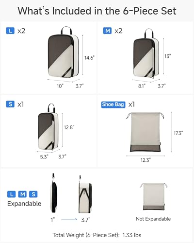 LUGGEX Compression Packing Cubes for Travel, 6 Set Lightweight Luggage Organizer Bags with Shoe Bag, Space Saving Suitcase Packing Cubes for Carry-On with Breathable Mesh, Double-Zipper (POX01, Beige)