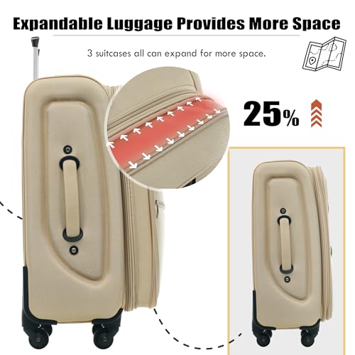 Merax Softside Luggage Set, 5 Piece Expandable Travel Suitcase Set with Carry-On Luggage,Spinner Wheels and TSA Lock,Lightweight Travel Suitcases.22/26"/30"(khaki)