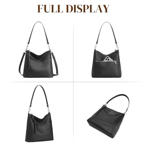 S-ZONE Leather Tote Bag for Women Medium Crossbody Handbags Shoulder Hobo Purse with 2 Removable Straps, Black