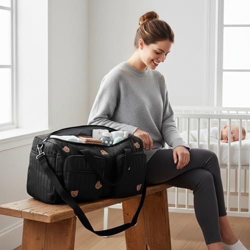 ALINUOYQ Quilted Diaper Bag Tote Cute Large Baby Bag for Mom, Hospital Bags for Labor Delivery, Weekender & Overnight Travel Duffel Bags for Women, Pañaleras para Bebe