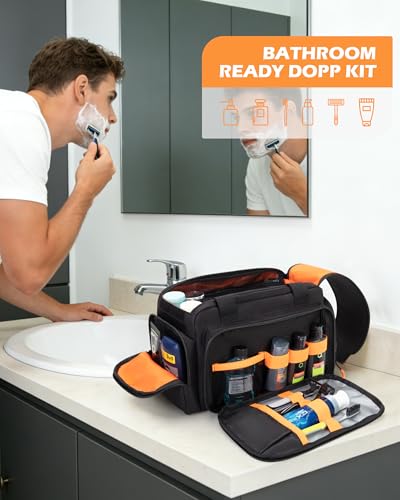 Prokva Tactical Travel Toiletry Bag for Men, Extra Large Dopp Kit Organizer with Dual Way Zippers, Travel Hygiene Bag for Shaving Grooming Bathroom Essentials, Black (Empty Bag)