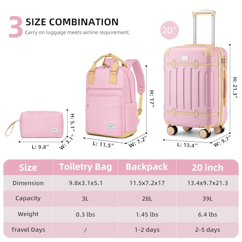 LARVENDER Luggage Sets 3 Piece Expandable Carry on Luggage 22x14x9 Airline Approved Hardshell Suitcase with Wheels TSA Lock, Lightweight Suitcase Set for Women with Travel Backpack, Light Pink