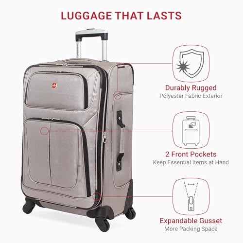 SWISSGEAR Sion Softside Expandable Spinner Luggage Durable Lightweight Travel Suitcase, Pewter, Checked-Medium