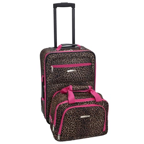 Rockland Fashion Softside 2 Piece Luggage Set, Expandable, (14" Tote/19" Upright), Pink Leopard