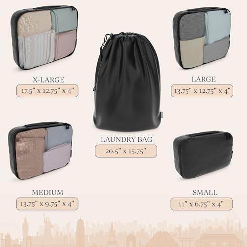 Shacke 5 Set Packing Cubes for Travel – Luggage Organizer & Suitcase Bags with Laundry Bag, Carry On Packing Organizer, Travel Accessories for Women Men (Air Black)
