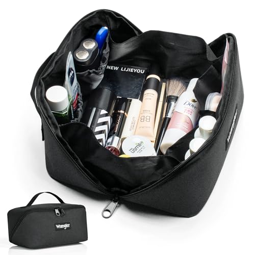 Wrangler Travel Toiletry Bag for Men & Women, Large Capacity Makeup Organizer with 4 Pockets, Water-Resistant Nylon, 180° Lay-Flat Cosmetic Bag with Handle & Double Zipper for Travel, Bathroom & Gym