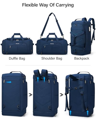 Hanke Expandable Carry On Luggage Bag,3 in 1 Duffle Bag for Travel,45L-55L Weekender Overnight Bag with 15.6" Compartment for Women & Men (Blue)