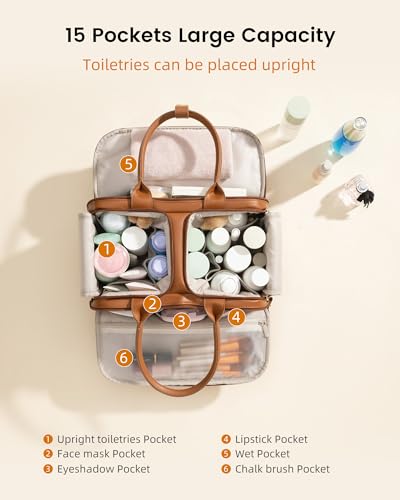 LOVEVOOK Travel Toiletry Bag for women, Leather Large Wide-open Makeup Bag, Waterproof Cosmetic Bag Organizer for Shower, Traveling, Toiletries, Bathroom